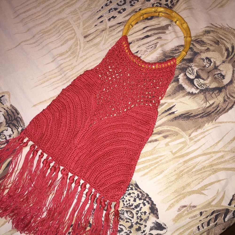 Red crochet and wood